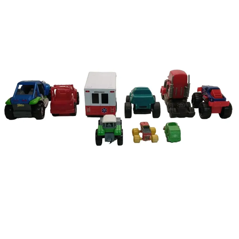 Mixed Lot of 9 Toy Cars Diecast & Plastic Vehicles Trucks Jeep Ambulance Vintage